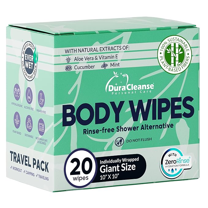 Travel Body Wipes for Women - 20 XL Shower Wipes for Adults Bathing No Rinse - Individually Wrapped 10”x10” Disposable Washcloths - Feminine Hygiene Essentials, Gym, Backpacking, Camping Must Haves