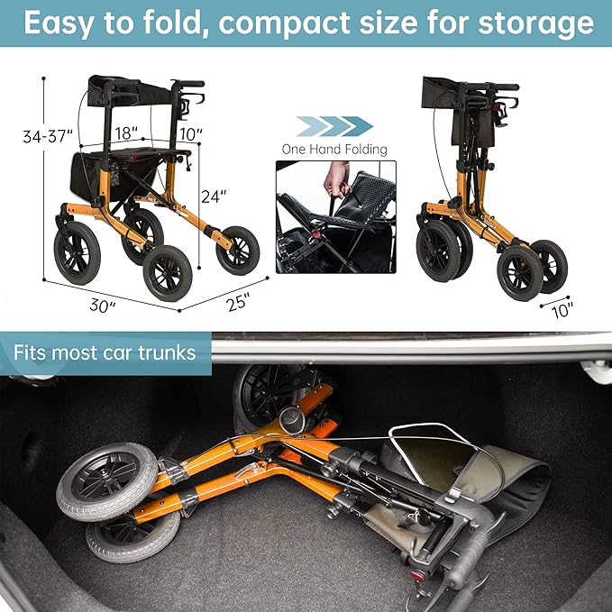 ELENKER All-Terrain Rollator Walker with Non-Pneumatic Tire 12” Front Rubber Wheels, Compact Folding Design for Seniors (Orange)