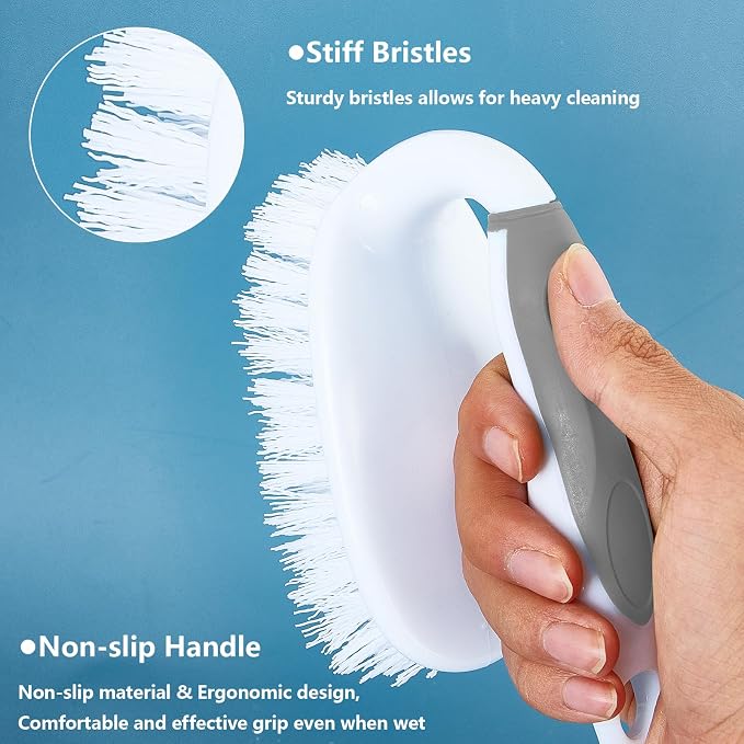 Scrub Brush Set, 4 Pack Deep Cleaning Brush Kit, Gray | 2 Scrub Brush, 2 Tile & Grout Brush with Built-in Scraper, Household Commercial Scrubber for Floor, Shower, Pool Wall, Tub