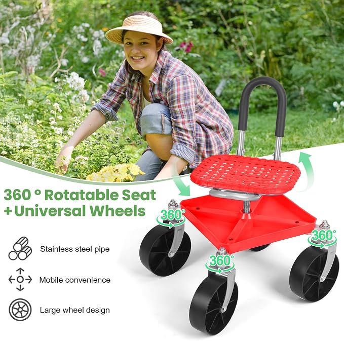 Rolling Garden Seat with Wheels, Adjustable Garden Scooter Stool with Backrest,Garden Cart with Tool Storage Tray & Backpack, Gardening Work Seat for Weeding, Planting, Yard Work (Without Backpack 2)