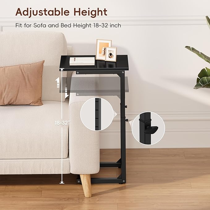 C-Shaped End Table for Couch, 33" Tall C Table Adjustable Height Side Table, Couch Side Tables with Metal Frame Slide Under Sofa, Sofa Table TV Tray for Living Room, Bedroom, Bedside, Black