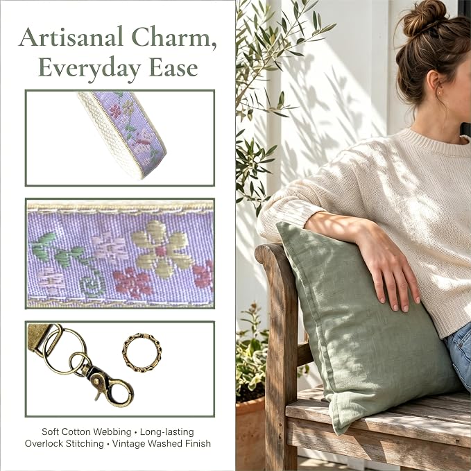 Boho Vintage Embroidered Floral plant Wristlet Keychain for Women | Cute Lanyard&Antique Brass Clasp, Lightweight Hands-Free Key Holder for keys,purses,handbags and daily outdoor use for ladies