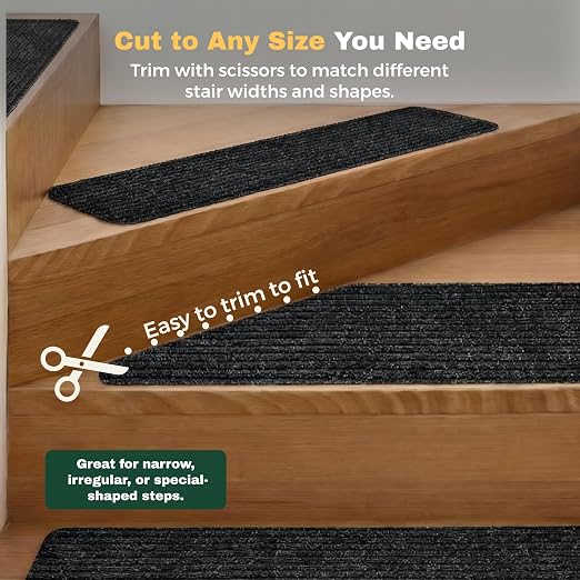 MBIGM Carpet Stair Treads for Wooden Steps, 7 Pack, 8" x 30", Black Stripe | Four-layer polyester carpet with PP grid base, nonwoven cushion and TPR adhesive backing adds indoor traction and comfort