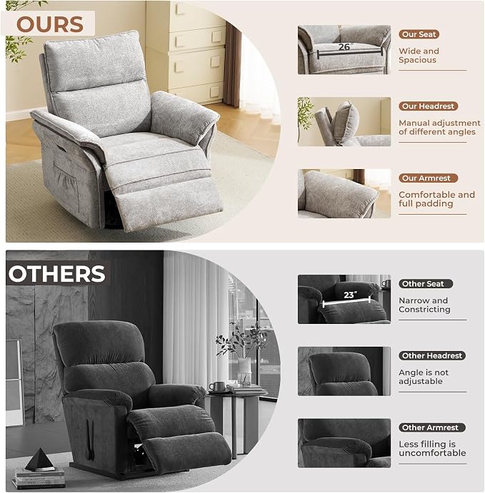 Oversized Power Recliner Chair Swivel Glider with Massage and Heat, Rocker Nursery Recliner for Adults with Adjustable Headrest, 24" Extra Wide Nursery Chair with Overstuffed Armrest,Light Grey