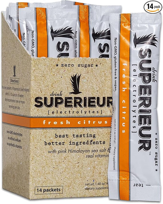 Superieur Electrolyte Powder Packets - Vegan Electrolyte Hydration Powder w/Sea Minerals - Keto Friendly, Non-GMO, Zero Sugar Electrolyte Supplement - Healthy Sports Drink - Citrus (14 Packets)