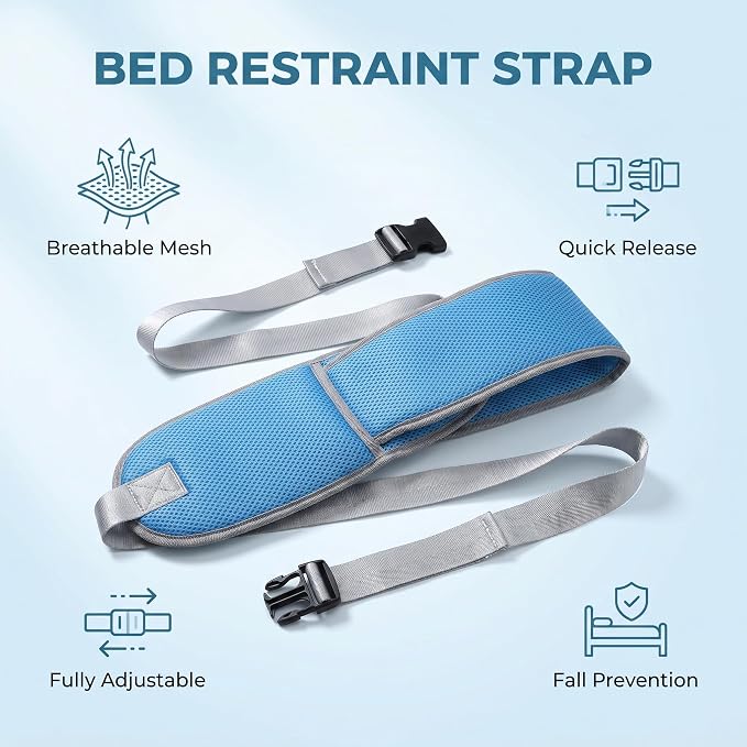 Medical Bed Restraint Strap for Elderly, Anti-Fall Waist Belt for Elderly, Adjustable Wheelchair Seat Safety Belt, Medical Bed Safety Assist, Mesh Fabric, Light Blue