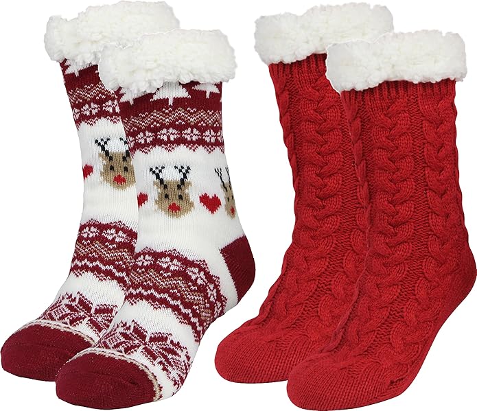 Slipper Socks for Women with Gripper - Winter Non Slip Thick Fuzzy Socks - Warm Cozy Christmas Gift
