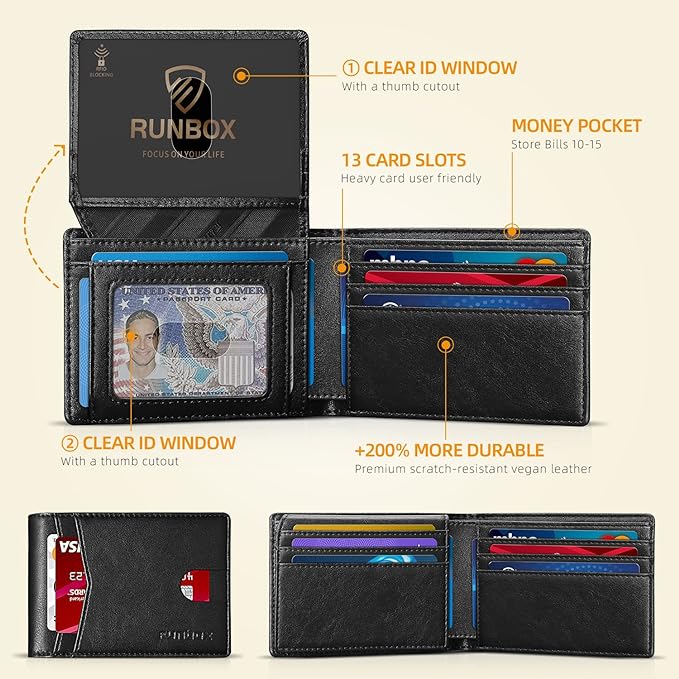 RUNBOX Wallet for Men -Slim Rfid Leather Mens Bifold Novelty Wallets 2 ID Window With Gift Box Men's Accessories | Minimalist Front Pocket Design, Holds 15 Cards, Large Capacity with Cash Pocket,Compact and Thin, Birthday Gifts for Men