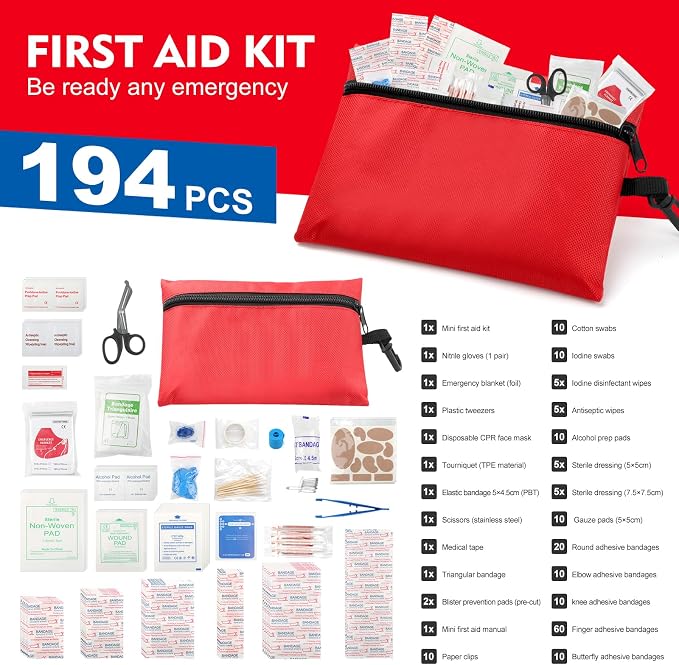 Mini First Aid Kit for Minor Cuts, Scrapes, Sprains, Burns, 194Pcs Compact Portable for Home, Car, Travel, Camping
