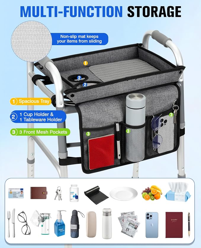 Rhino Valley Walker Tray for Folding Walker,Tray for Walker with Cup Holder | Sturdy & Non-Slip Tray for Walkers,Fits Standard Walkers,Removable&Easy Assembly, Mobility Accessory for Seniors Meals Drinks