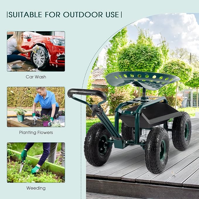 Garden Cart with Workseat Outdoor Gardening Carts with Seat, Heavy Duty Rolling Garden Stools Scooter with Handle and Storage for Seniors, Green