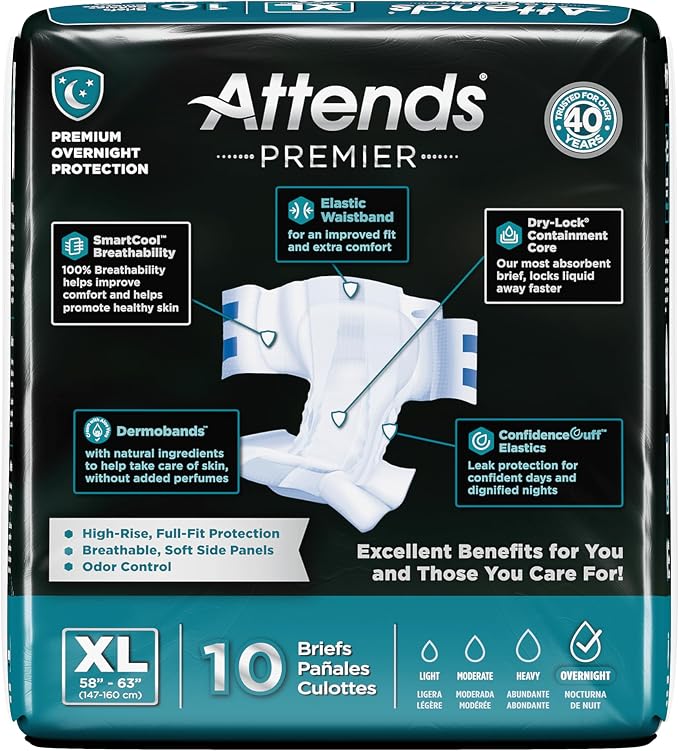 Attends Premier Adult Disposable SmartCool® Briefs, X-Large, 58-63" High-Rise Waist Tab Closure, Premium Overnight Dry-Lock Protection, Odor Control, 40ct Case