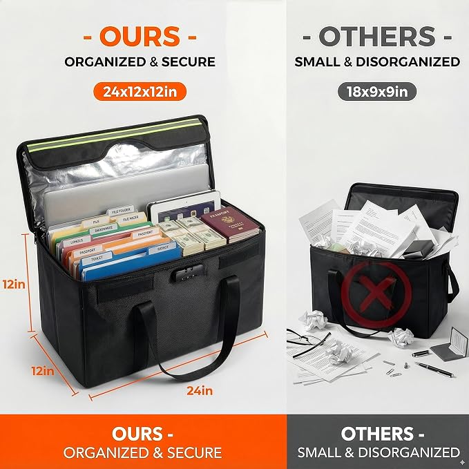 Large Fireproof File Box 24x12x12 inches, Used for Storing Valuable Items Such as Photo Albums and Cash. Large Fireproof File Box with Password Lock and Reflective Strip, Large Storage Capacity