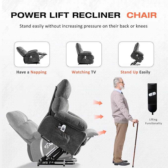 Power Lift Recliner Chair for Elderly with Vibration Massage and Lumbar Heating, Electric Lift Recliner Sofa with USB Charging Port and Side Pocket, Adjustable Lift Chair for Living Room Comfort