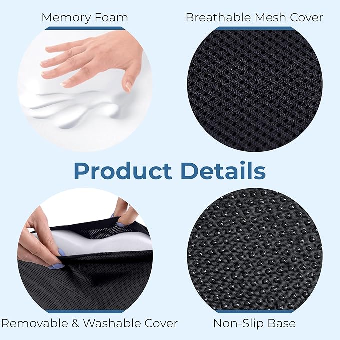 5 STARS UNITED Seat Cushion for Tailbone Pain Relief – Large Memory Foam Cushion for Coccyx, Hip, Sciatica & Post-Surgery Recovery – Wheelchair, Car, Desk, Gaming & Office Chairs, Black