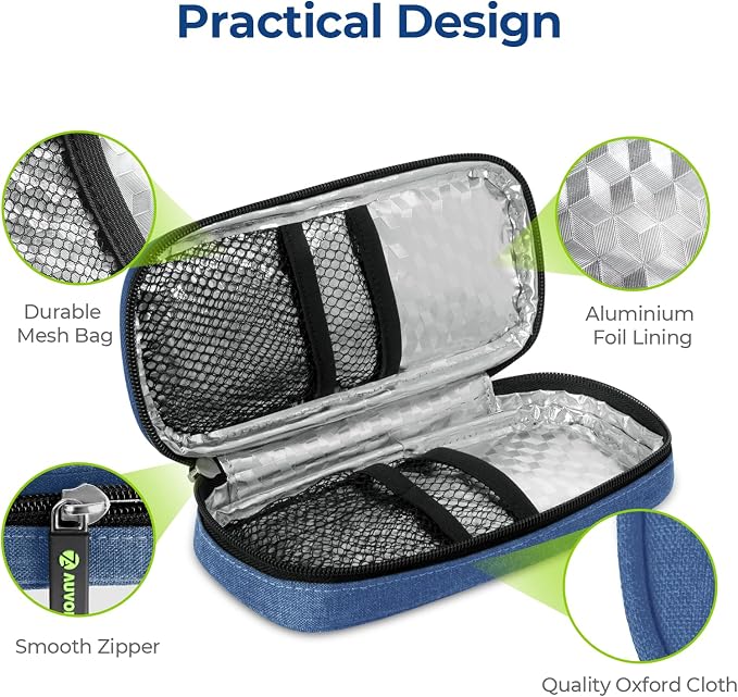 AUVON Insulin Cooler Travel Case, Diabete Care, 2x90g TSA-Approved Ice Pack | Diabetic Medication Insulated Cooling Bag for 2 Insulin Pens and Diabetic Supplies Storage, Compact for Daily Life and Trips
