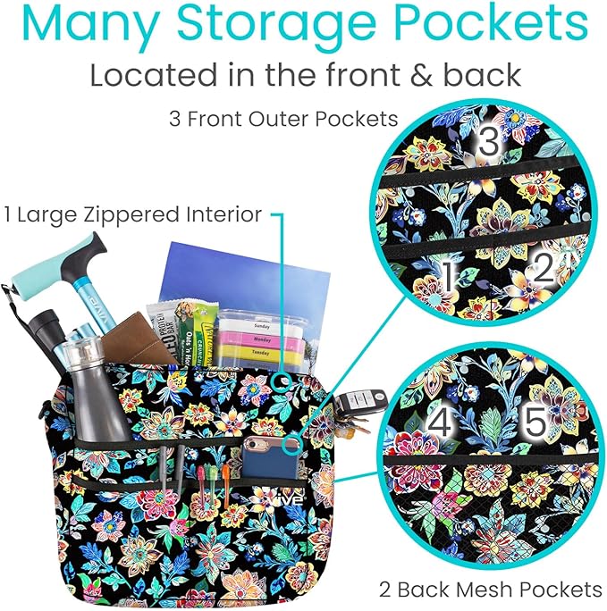 Vive Wheelchair Bag - Machine Washable, Double-Stitched, Water-Resistant Accessory Backpack for Rollators, Wheel Chairs, Walkers - Pouch with XL Pockets & Straps for Quick Installation (Black Floral)