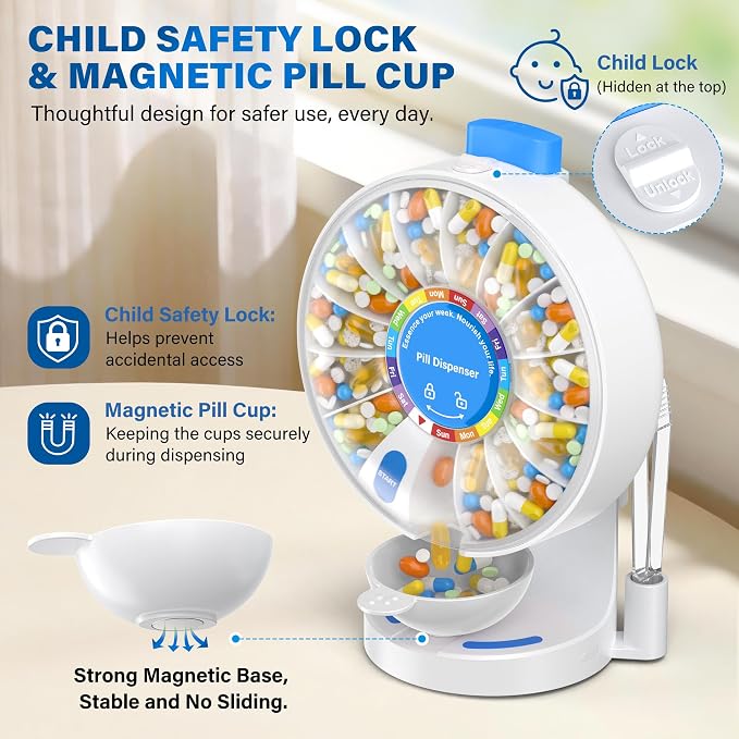 200000 Push Button Test Weekly (14 Days) Large Pill Dispenser Organizer | One Push Button, Magnetic Medicine Bowl, Child Lock, Wall-Mounted, Standing Use, for Vitamin, Medicine, Elderly, Pet Green