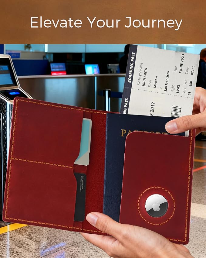 Passport Holder for Travel, Genuine Leather Passport Wallet Cover Case with Airtag Slot, RFID Blocking, for Women Men, Travel Essentials Gift, Red