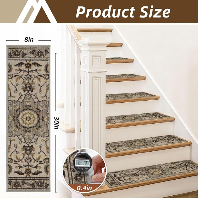 COSY HOMEER Stair Treads for Wooden Steps Indoor with TPE Backing,15Pcs | Non-Slip Carpet Stair Treads, Soft Peel and Stick Stair Runners,Pet-Friendly Stair Runner Washable Reusable,Floral Gray