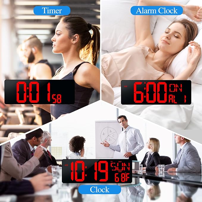 17.2" Large Digital Wall Clock Bluetooth Auto Sync Time Big Timer Red | Large Display Auto-Dimming/DST Led Wall Clock with Date Week For Living Room Classroom Garage Gym Gift for Senior Mom Dad