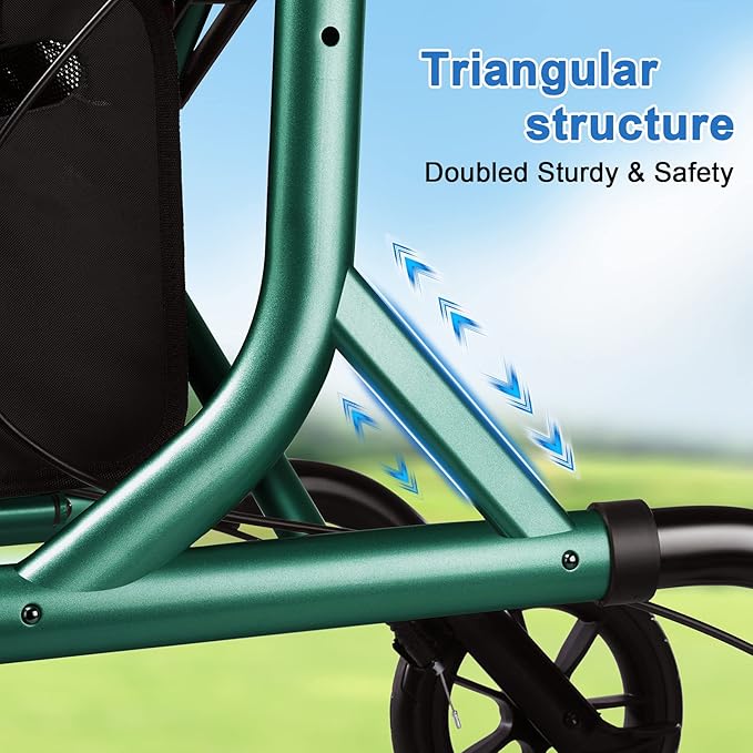 WALK MATE Rollator Walker for Seniors with Cup Holder, Upgraded Thumb Press Button for Height Adjustment, 4 x 8 Wheels Walker with Seat Padded Backrest Folding Lightweight Walking Aid, Green