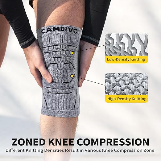 CAMBIVO 2 Pack Knee Brace for Women & Men, Latex Free & Silicone Free Compression Knee Sleeves with Side Stabilizers, Lightweight Knee Support for Arthritis, Meniscus, Walking, Running (Gray, Small)