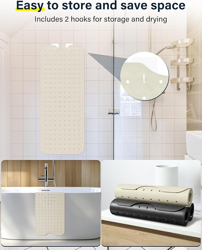 Non Slip Bathtub Mat for Tub & Shower, Machine Washable 40"x16" Anti Slip Bath Mat with 2 Hooks, Soft & Comfortable and Extra Largefor Families, Sand