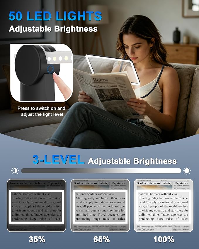 Neck Magnifying Glass with Light Hands Free,Full Book Page Magnifiers Glass | 10X Large Lighted Magnifying Glass with 3 Modes, Flexible Gooseneck Magnifier for Close Reading Sewing Senior with Aging Eyes