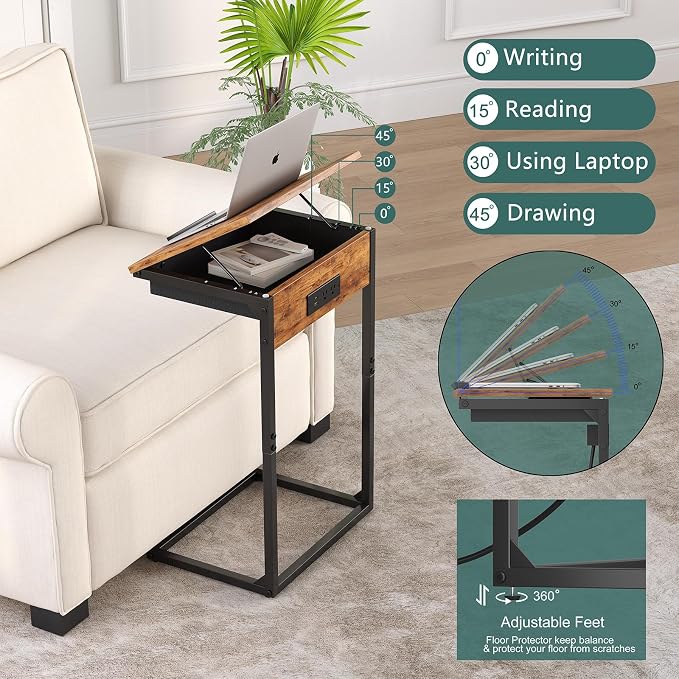 sthmec C Shaped End Table with Charging Station, 45° Tiltable Adjustable Flip Top Table with Storage,Small C Table for Small Spaces,Slide Under Couch Sofa Bedside Table for Living Room,Rustic Brown