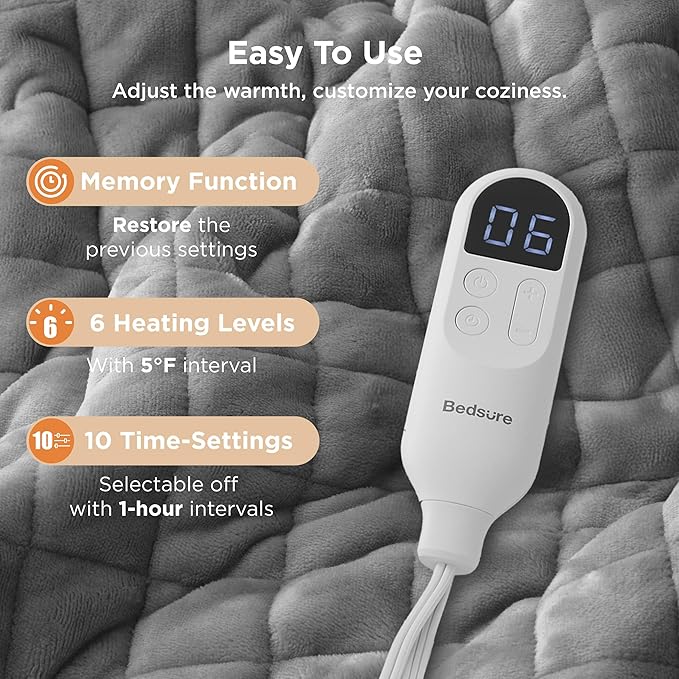 Bedsure Electric Blanket Full Size - Quilted Heated Blanket Full, Soft Flannel Thick Heating Blanket with 10 Time Settings & 6 Heat Settings, Warm Gifts for Women Men (72x84 inches, Formal Gray)