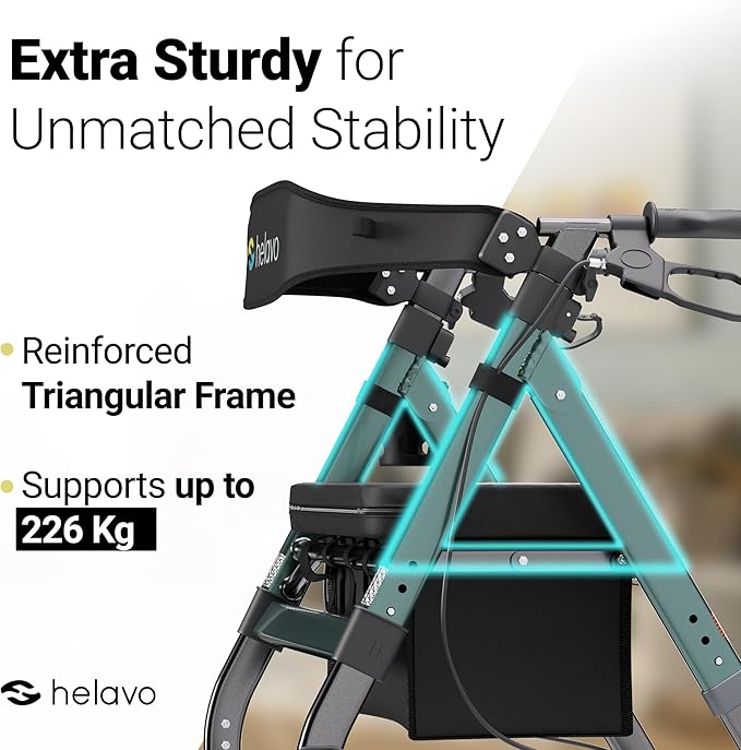 Helavo Bariatric Walker with Large, Height-Adjustable Seat, 500 lbs Weight Capacity, 8-inch Wheels, 28-inch Wide - Extra Wide Heavy Duty Rollator for Seniors