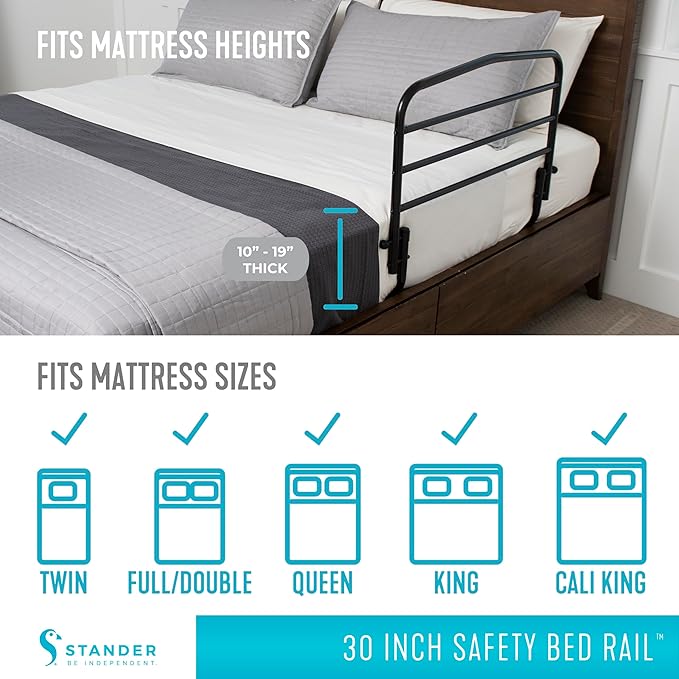 Stander 30 inch Safety Bed Rail, Folding Guardrail for Adults, Seniors, and Elderly, Bedside Stand Assist Bar, Fits King, Queen, Full, and Twin Beds, ASTM Safety Approved Bedrail