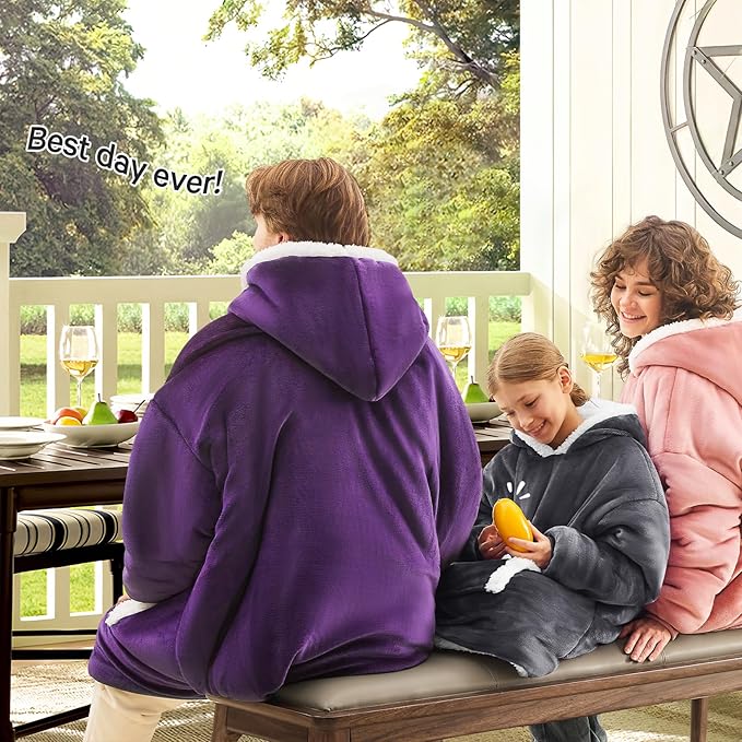 JOYWOO Kids Wearable Blanket Hoodie,Oversized Cat lovers Hoodie Blanket for kids & Teens,Birthday Gifts for Girl Boys,Warm Cozy Fuzzy Sherpa Fleece Sweatshirt Blankets with Giant Pocket Gifts,Grey