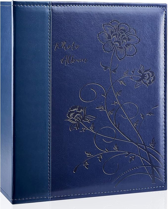 Photo Album 8x10 Clear Pages Pockets Leathe Cover Slip Slide in Photo Album Holds 100 Vertical 8x10 Photos Picture Book for Wedding Family (Blue)
