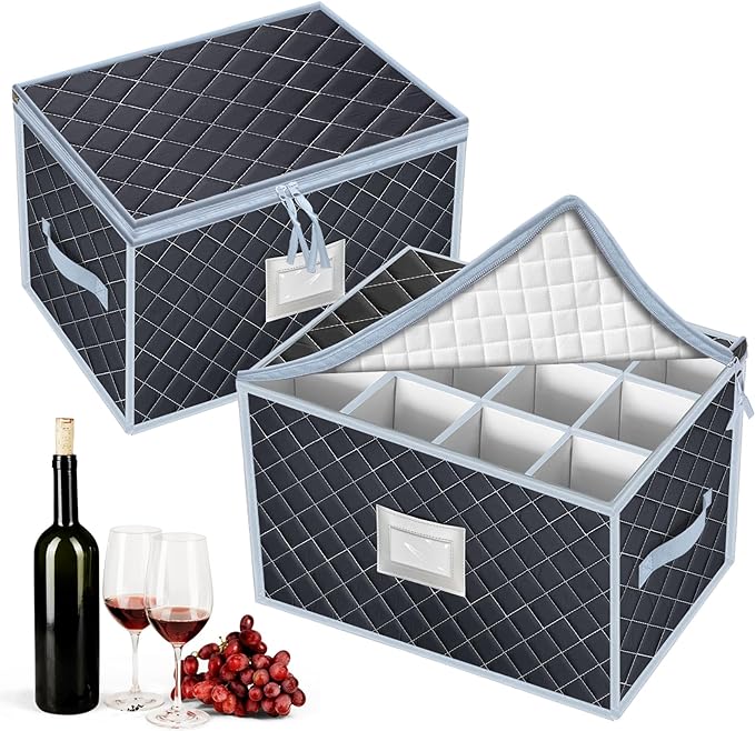 Wine Glass Storage Box with Dividers Holds 24 Stemware Storage Cases or China Crystal Glassware Containers with Handles and Lable Window (15.5" x 12.5"x10")-Set of 2 Grey