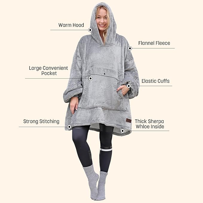 Catalonia Oversized Blanket Hoodie Sweatshirt, Wearable Sherpa Lounging Pullover for Adults Women Men