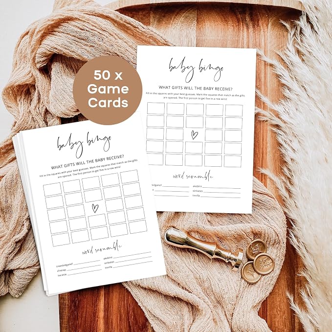 GardenCity Baby Shower Bingo Game - Baby Gift Bingo with Word Scramble, Blank Squares, 50 Cards (Minimalist)
