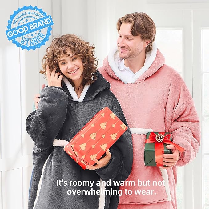 JOYWOO Wearable Blanket Hoodie, Birthday Gifts for Women Men Mom, Oversized Hooded Blanket for Adult, Cozy Fuzzy Sherpa Sweatshirt Blanket with Giant Pocket and Winter Gifts, Grey