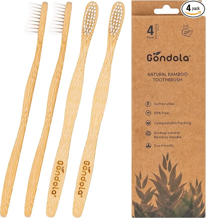 Gondola Organic Bamboo Toothbrushes Adults - 4 Count (Pack of 1) - Soft Bristles - Wood Toothbrush for Adults - Set for Sensitive Gums for Gentle Cleaning