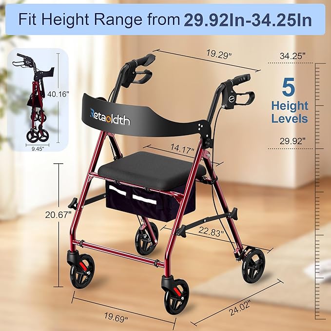 Foldable Rollator Walker with Seat for Seniors, All-Terrain Wheels, 350lb Capacity, Reinforced Inner Metal Rod for Easy Folding & One-Hand Carry, Lightweight Rolling Walker - Red