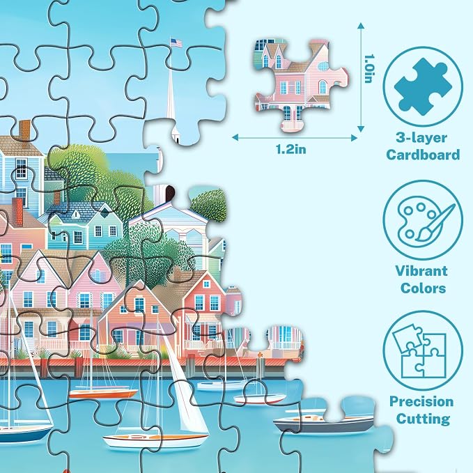 500 Piece Jigsaw Puzzle for Adults, Coastal Harbor Town | Coastal harbor town with sailboats, pastel houses, seaside views, poster, storage bag, back letters and thick cardboard
