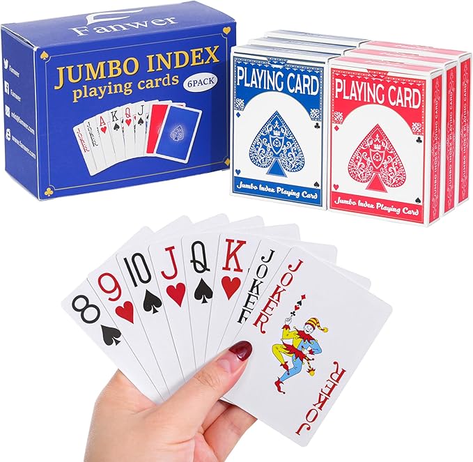 Fanwer Large Print Playing Cards 6 Pack, Deck of Cards for Seniors, Vision Impaired, Low Vision Crowd, Poker Playing Cards for Blackjack, Euchre, Canasta Cards Game, Jumbo Index