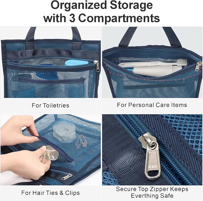Small Mesh Shower Caddy Portable - Zipper Gym Travel Shower Bag, Navy Blue | 3 Pockets, Quick-Dry Mesh, S-Hook, Hanging Shower Caddy for Toiletry Essentials, Bathroom & Camping