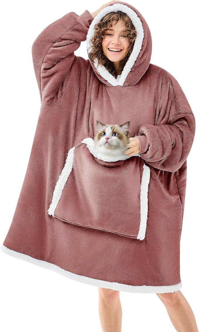 JOYWOO Purple Wearable Blanket Hoodie,Oversized Cat Lovers Sweatshirt Blanket for Adult & Teens,Birthday Gifts for Women Mom Girls,Cozy Sherpa Blanket Giant Pocket Gifts,Gray purple Small