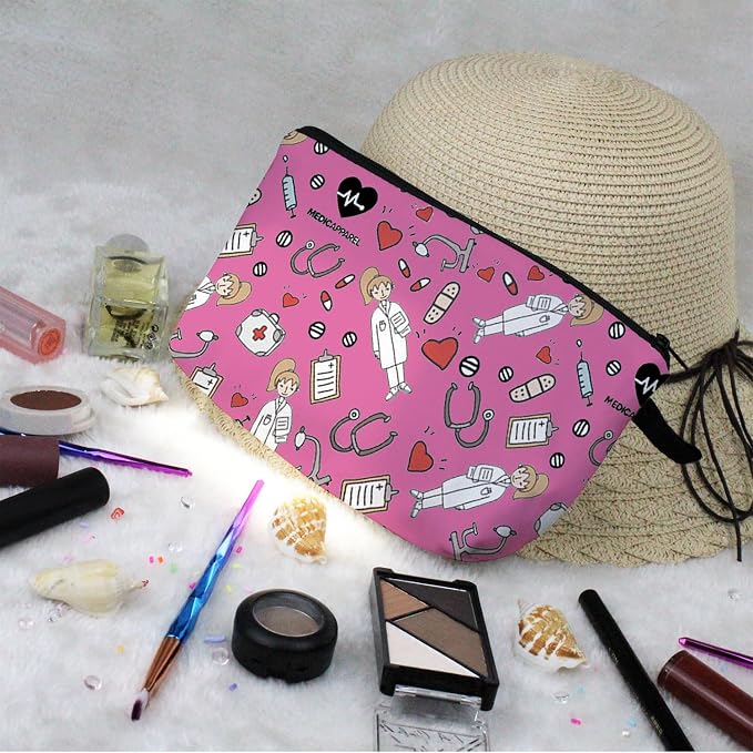 Livel lhood Pink Nurse Doctor Small Makeup Zipper Bag | Pink Nurse Doctor Printed Cosmetic Organizer Pouch, Pink Nurse Doctor Gift for Women Friends