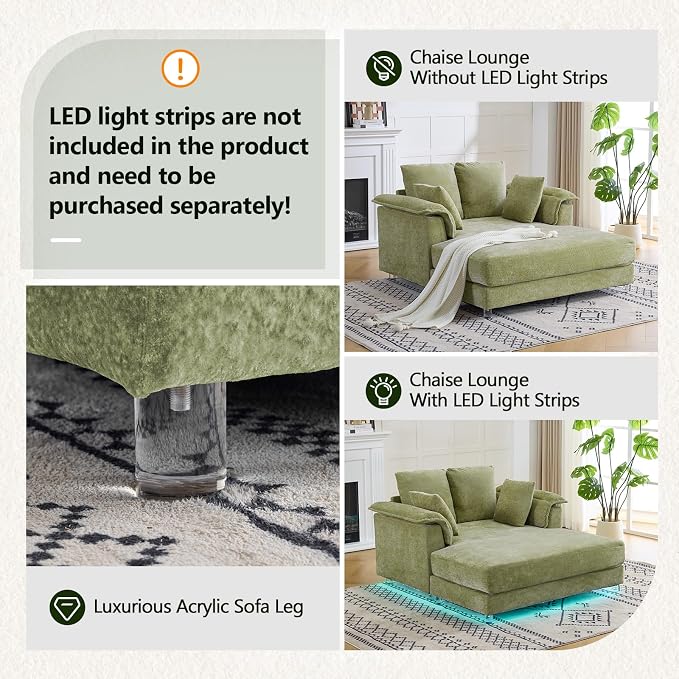 VINGLI Modern Floating Chaise Lounge Chair with Acrylic Legs, Upholstered Cushion Deep Seat Lounge Sofa with Iron-Wood KD Frame, Pillow Armrest, Accent Chair for Living Room, Play Room Apartment