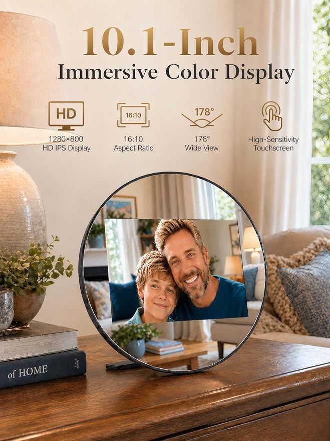 Frameo Digital Picture Frame WiFi Calendar 10.1" Mirror 3-in-1 Touchscreen Photo Frame, Auto-Synced Calendar, Share Photos & Videos via App, 32GB Wall/Tabletop for Parents Grandparents Home Gifts