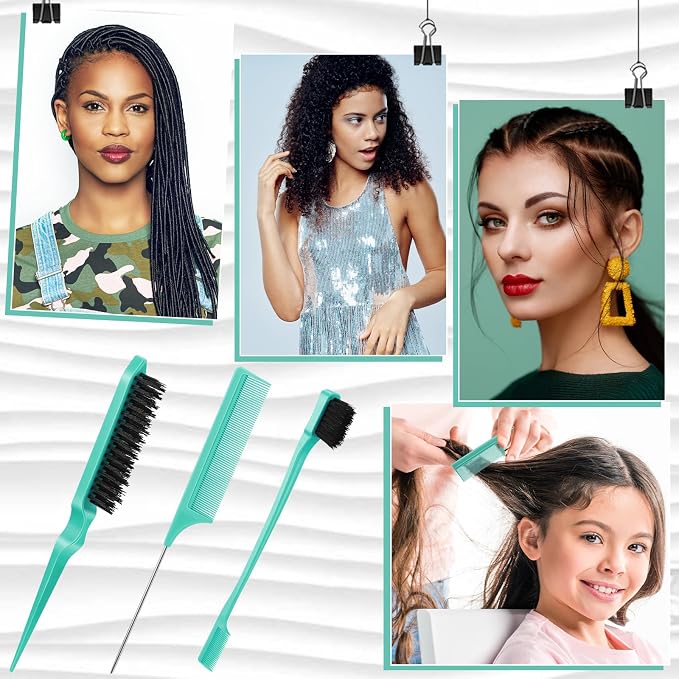 Geiserailie 3 Pcs Slick Back Hair Brush Set Bristle Brush Edge Control Teasing Comb for Women Black Hair(Cyan)