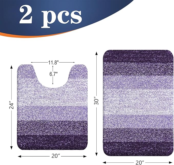 OLANLY Bathroom Rug Set 2 Piece, Soft Absorbent Microfiber Bath Mats and U-Shaped Contour Toilet Rug, Non-Slip, Machine Wash Dry, Plush Shaggy Bath Mats for Bathroom (30"x20"+U24 x20, Violet)